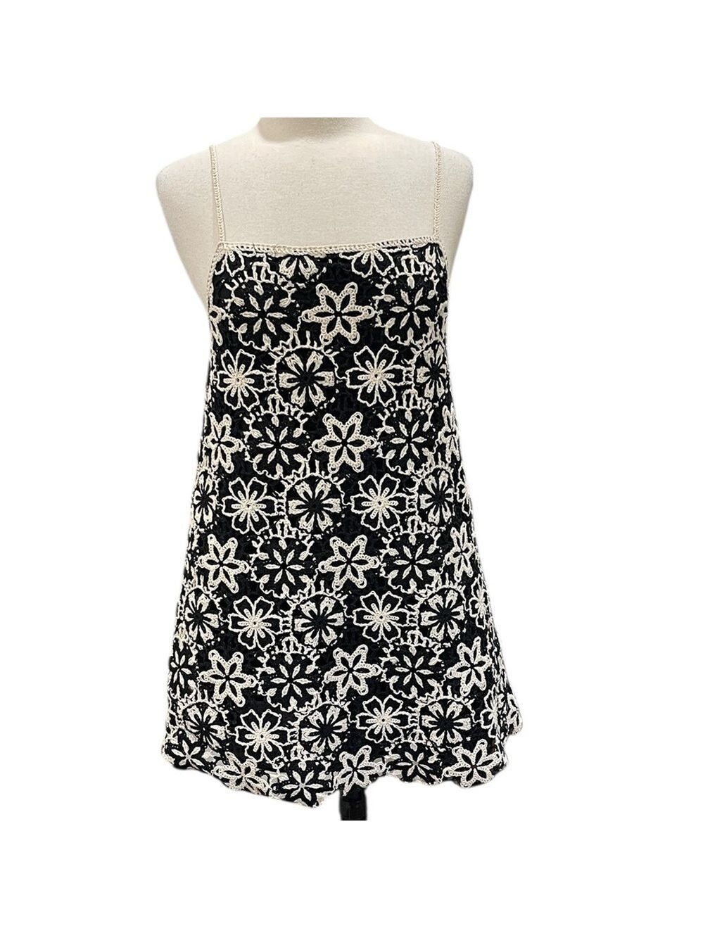 Zara Crochet Flower Mini Dress SZ M Black Cream - Picture 3 of 10